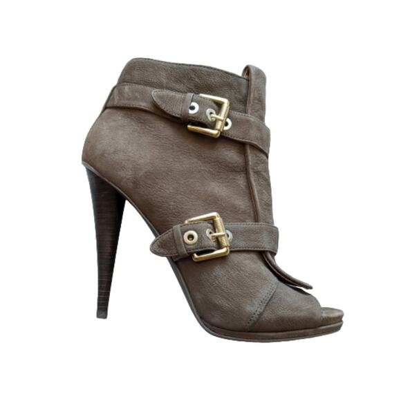 Ultra High Heel Booties, Open-Toe Stiletto, Brown Ankle Boots - Picture 2 of 11